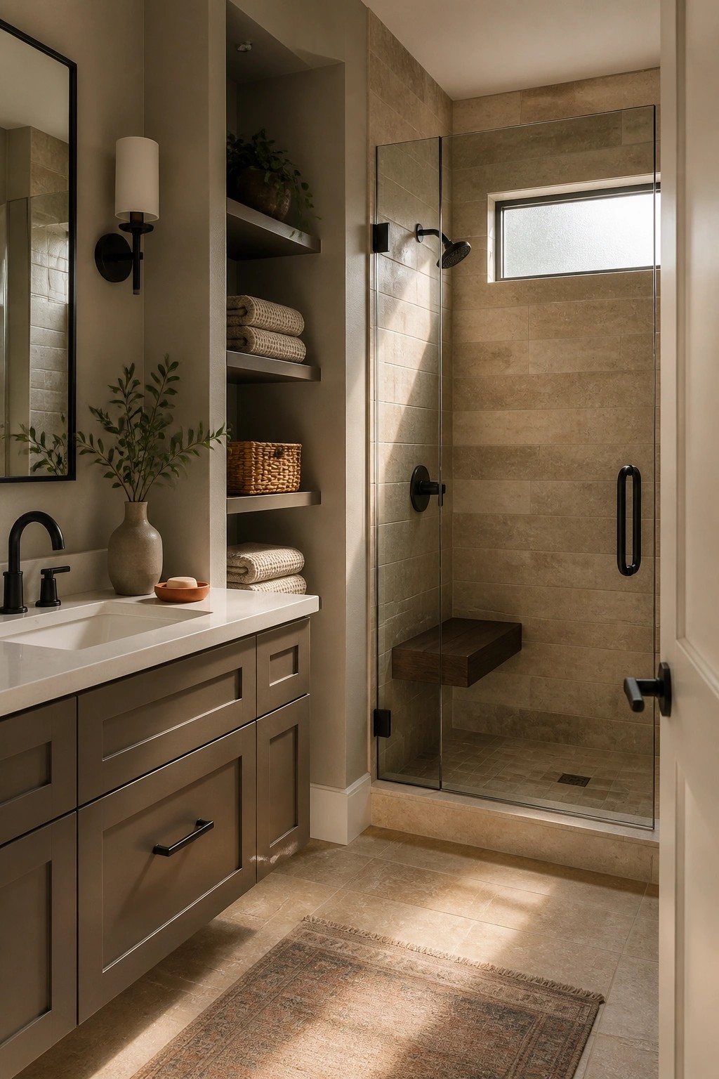 A bathroom with warm greige paint on the walls and vanity cabinets beside a tiled shower.