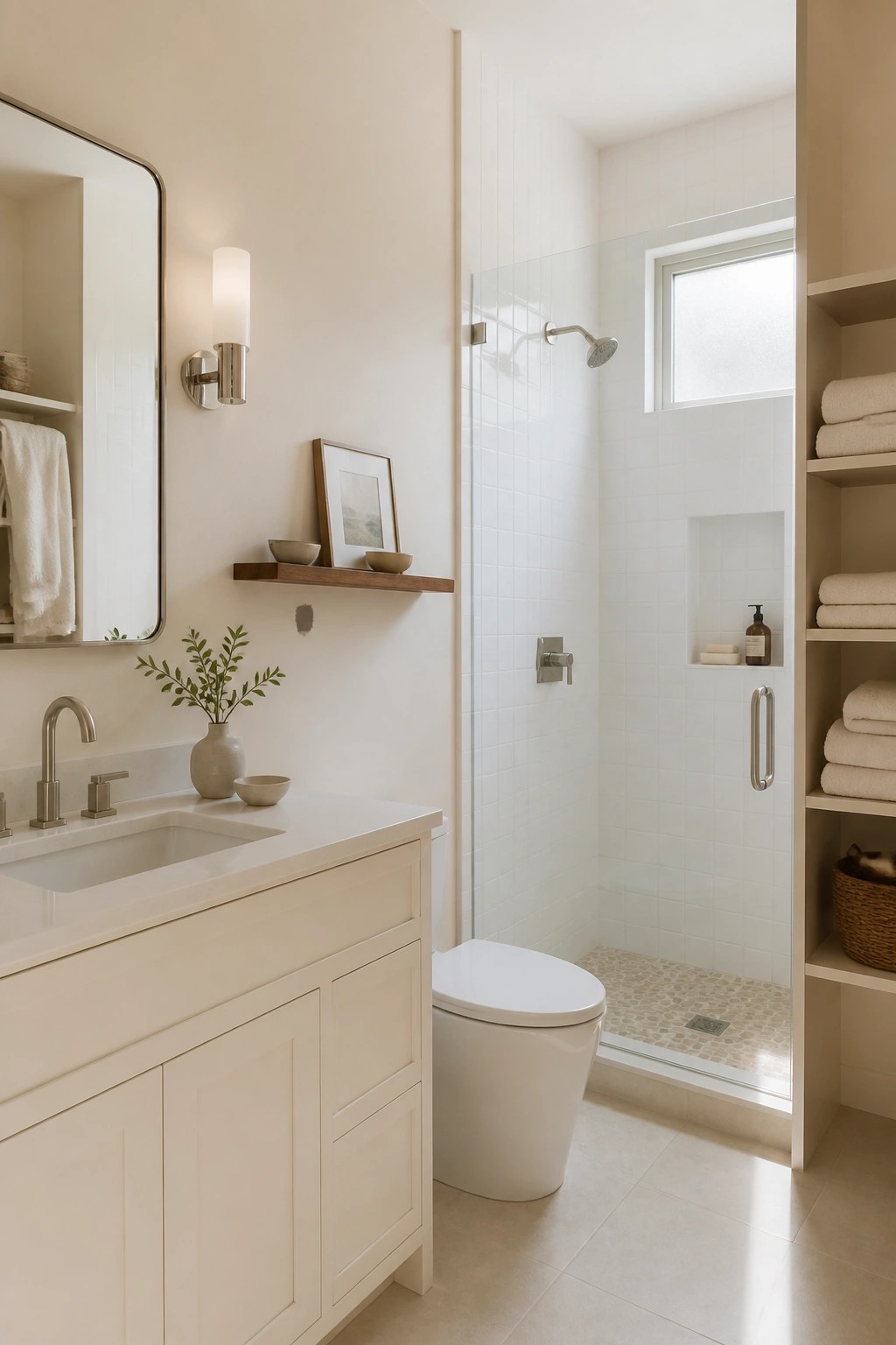 A bathroom with warm off-white walls and a white vanity cabinet.
