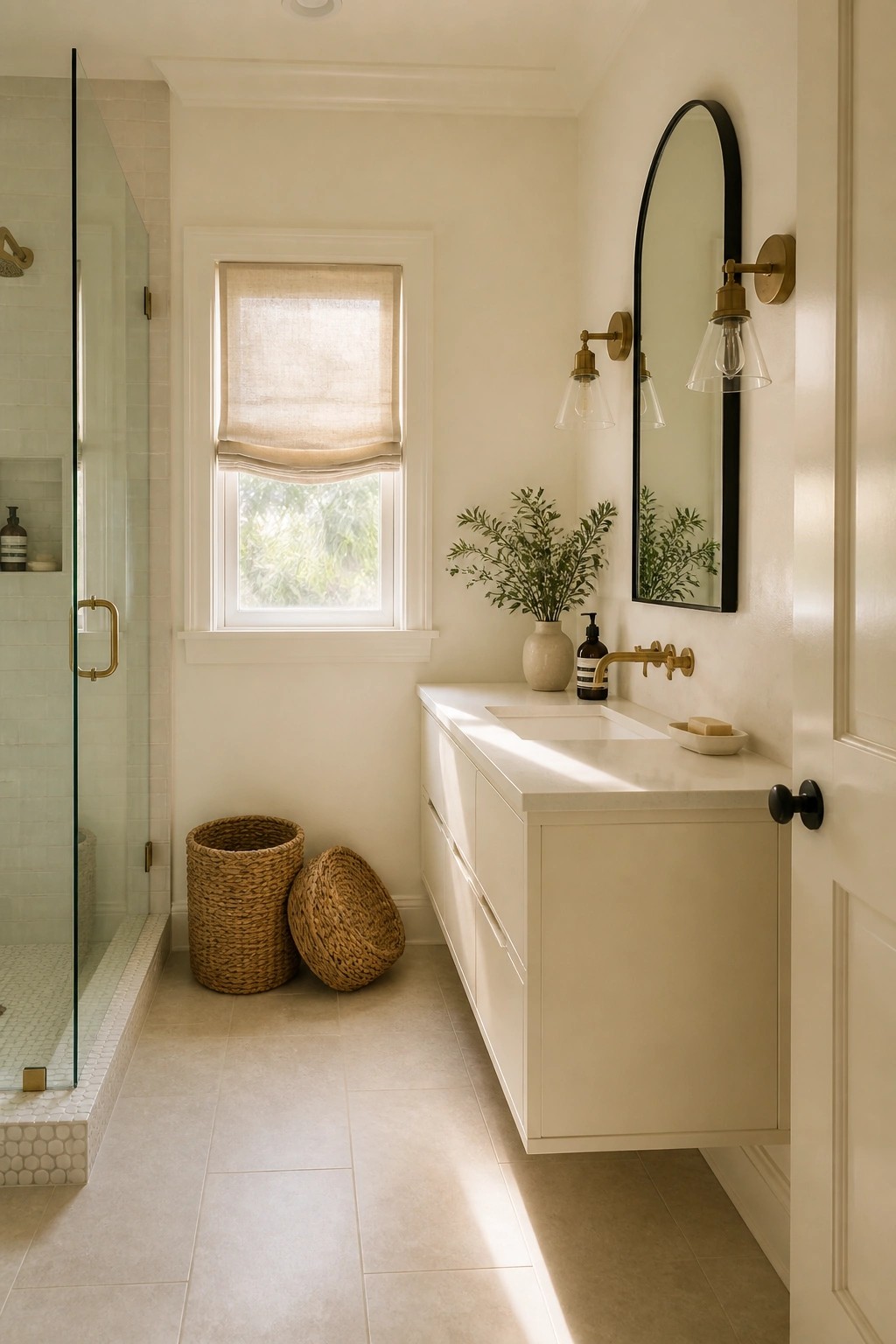 Minimalist bathroom with white floating vanity, arched mirror, and woven baskets