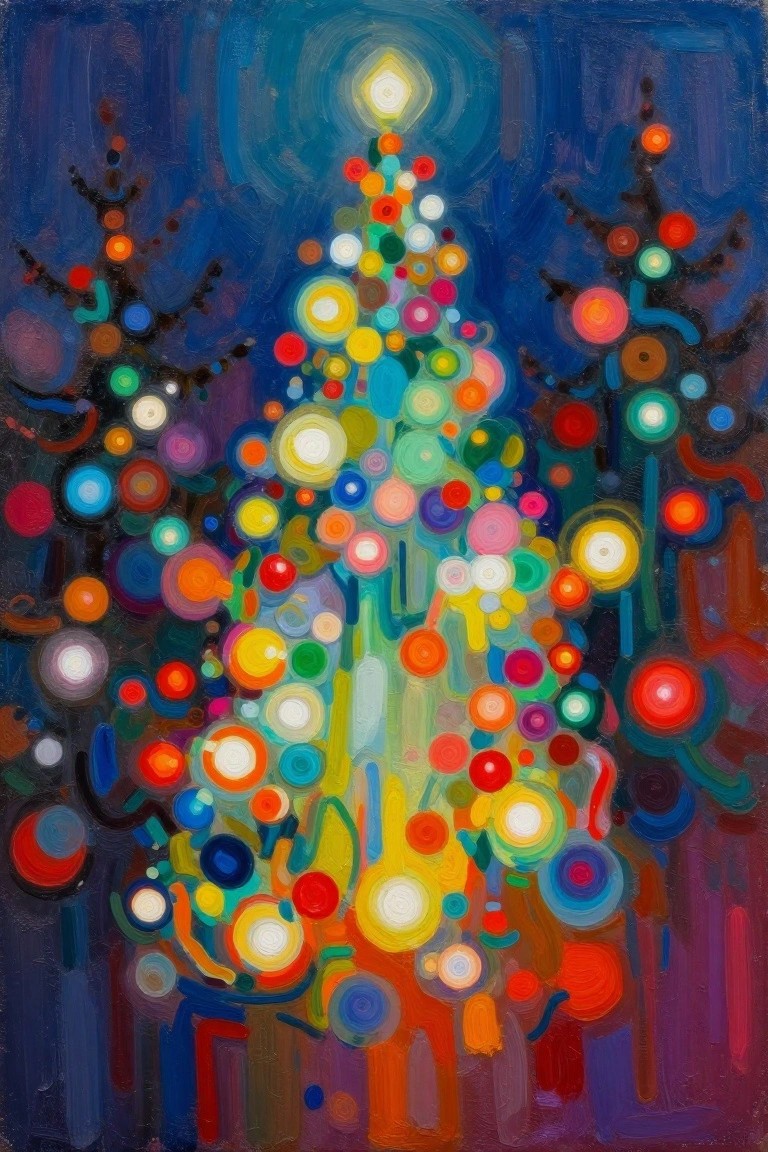 Vibrant abstract Christmas tree of colorful circles with glowing star on dark blue background