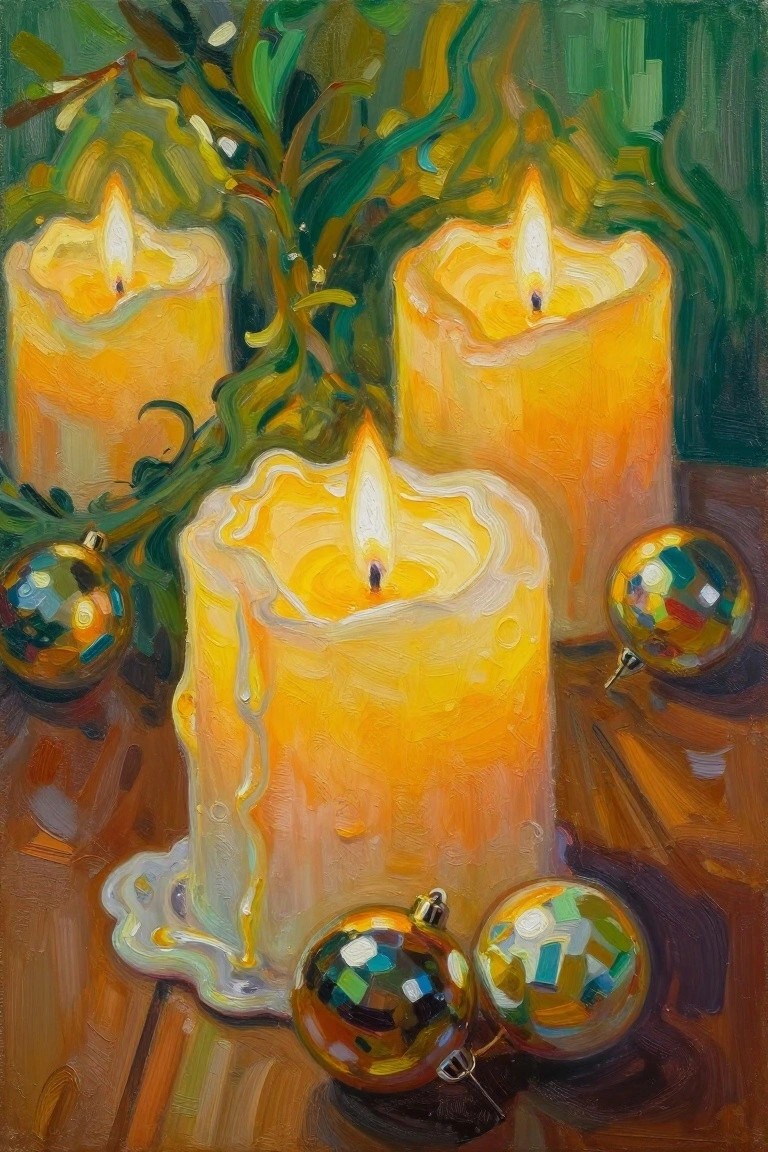 A painting shows three lit candles with wax drips surrounded by colorful Christmas ornaments and green foliage on a wooden surface.