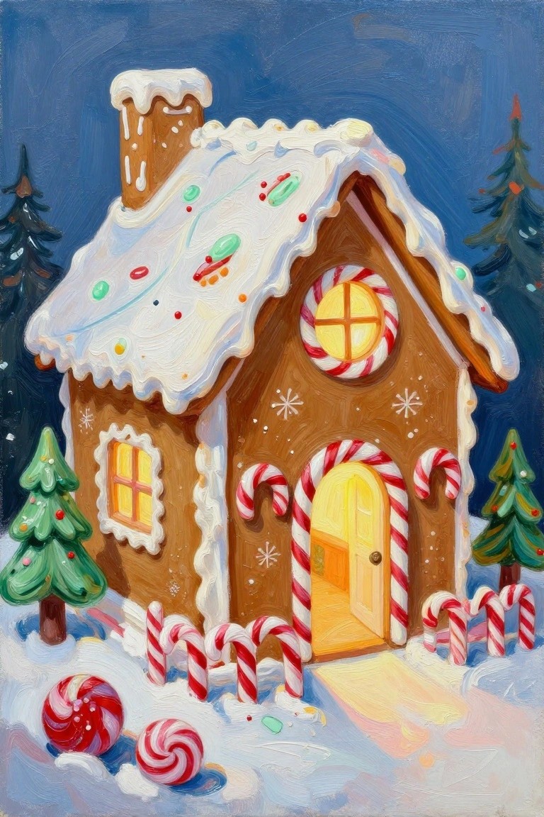Vibrant painting of gingerbread house with candy canes amid snowy pines at night