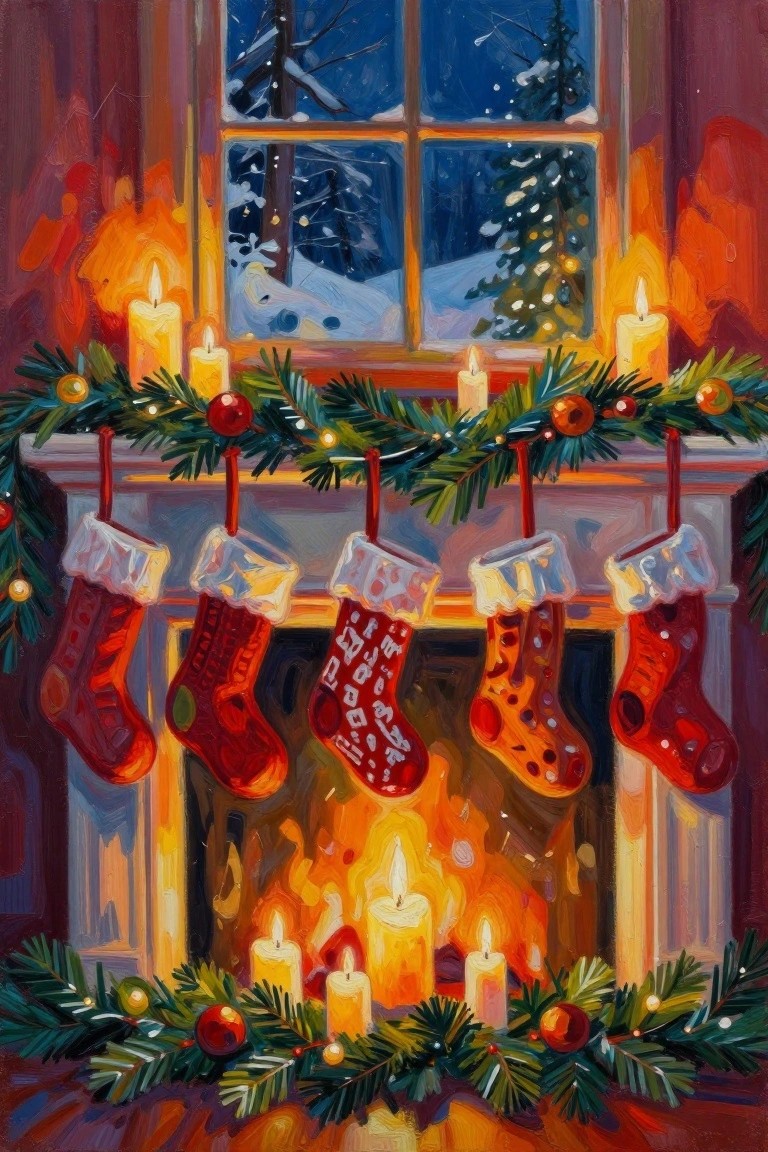Warm holiday fireplace with stockings, garlands, candles, and snowy night window