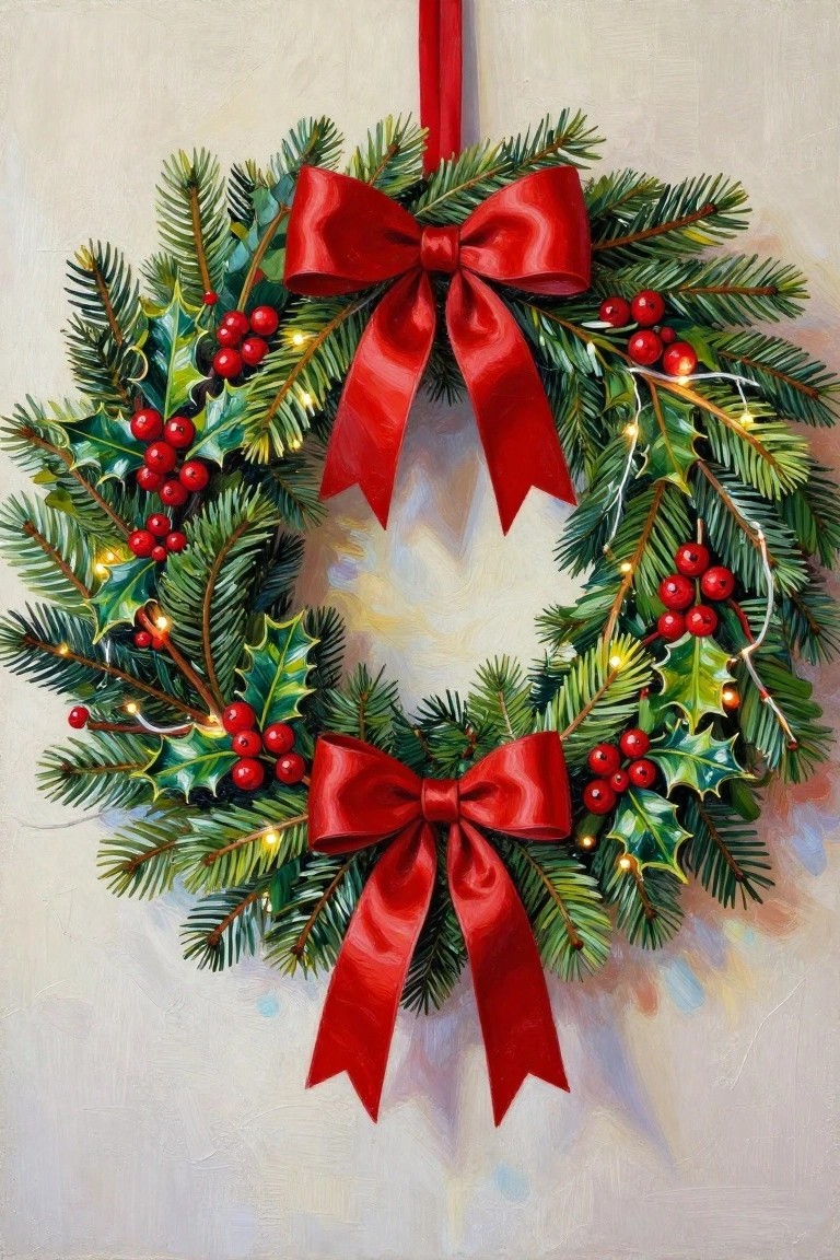 Lush Christmas wreath with red bows, holly berries, and glowing string lights.