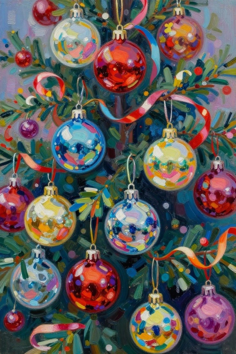 Vibrant Christmas tree covered in glossy multicolored baubles and curling ribbons
