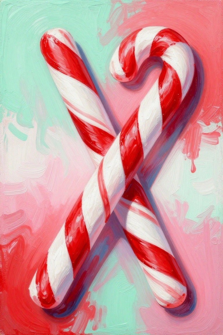 Two crossed red and white striped candy canes on a vibrant abstract background.
