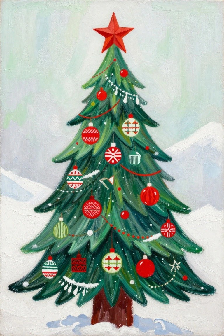 Painted Christmas tree with red star, patterned ornaments, and snowy landscape