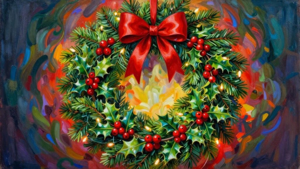 Lush Christmas wreath with red bows, holly berries, and glowing string lights.