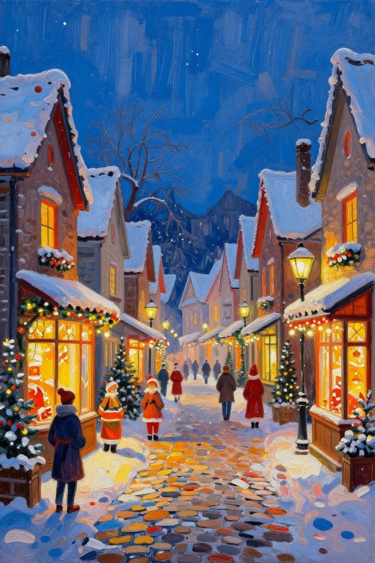 A painting of a snowy cobblestone street lined with lit-up Christmas shops and people walking at night.