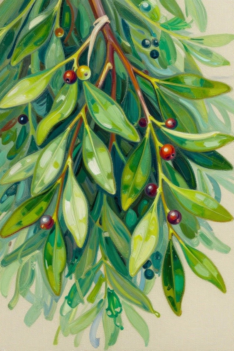Painting of hanging branches with glossy green leaves and colorful red purple berries.