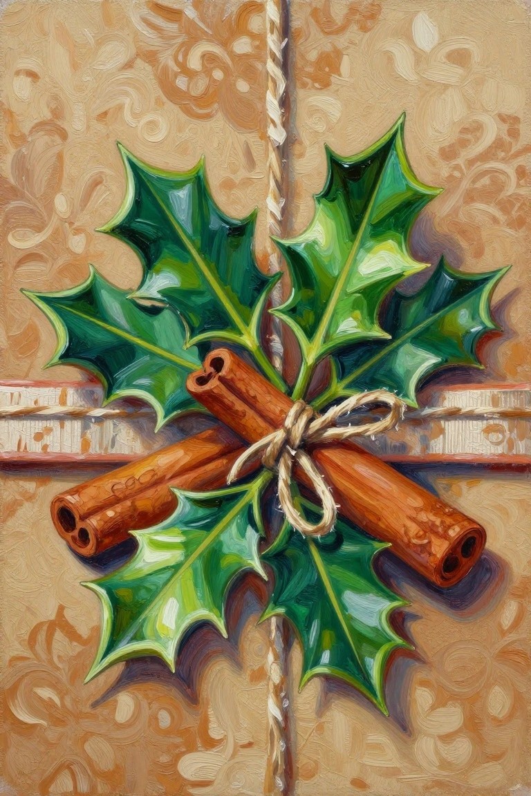 Green holly leaves and cinnamon sticks tied with twine on gift wrap.