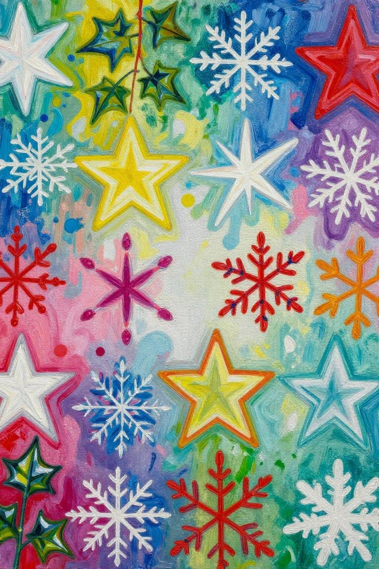 Vibrant painting of colorful stars, snowflakes, and holly on abstract background