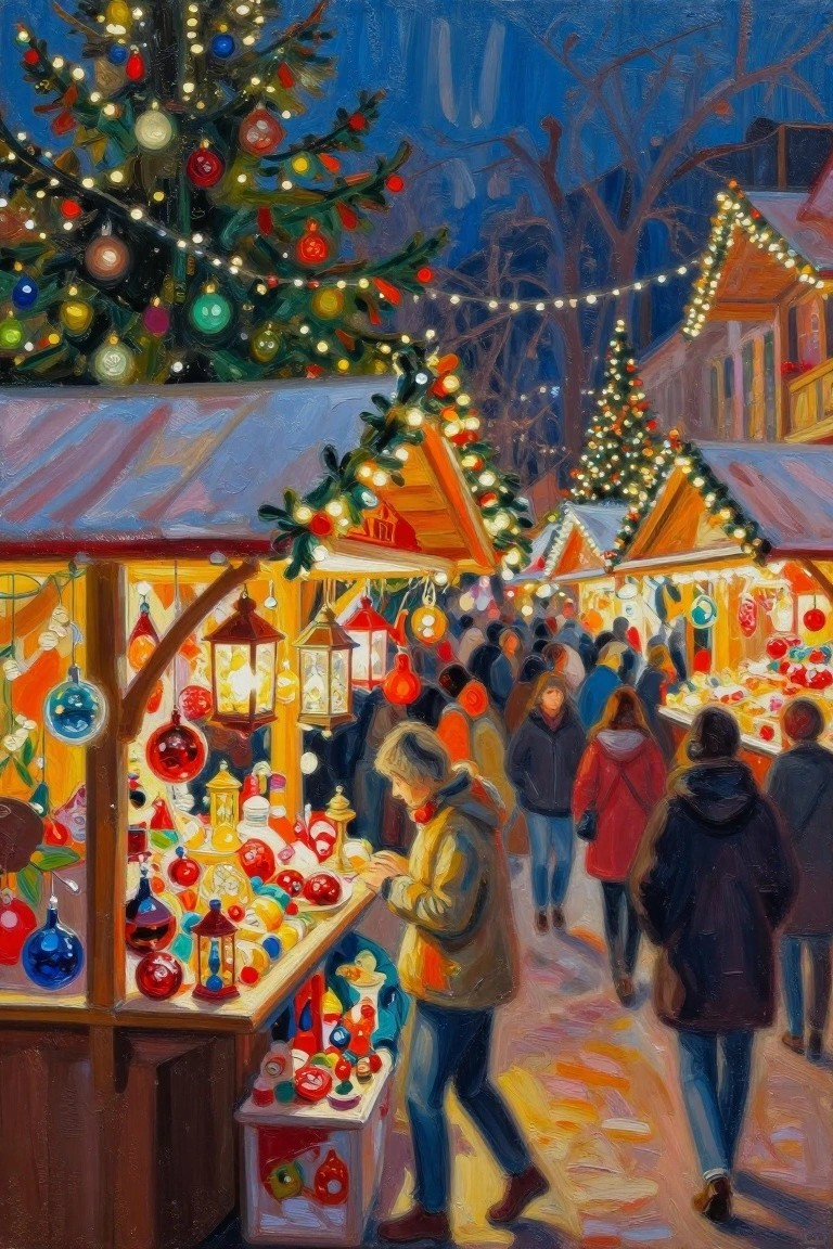 Vibrant painting of crowded Christmas market at night with lit stalls and tree.