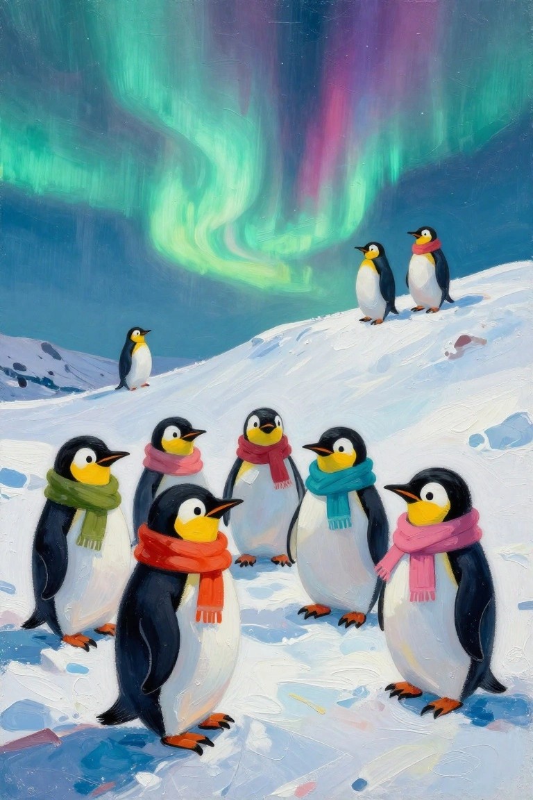 A painting of several penguins wearing colorful scarves standing on snow under a green and purple aurora borealis sky.