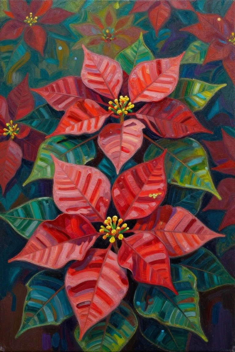 Vibrant red poinsettia blooms with yellow centers amid lush green and blue foliage in painting.
