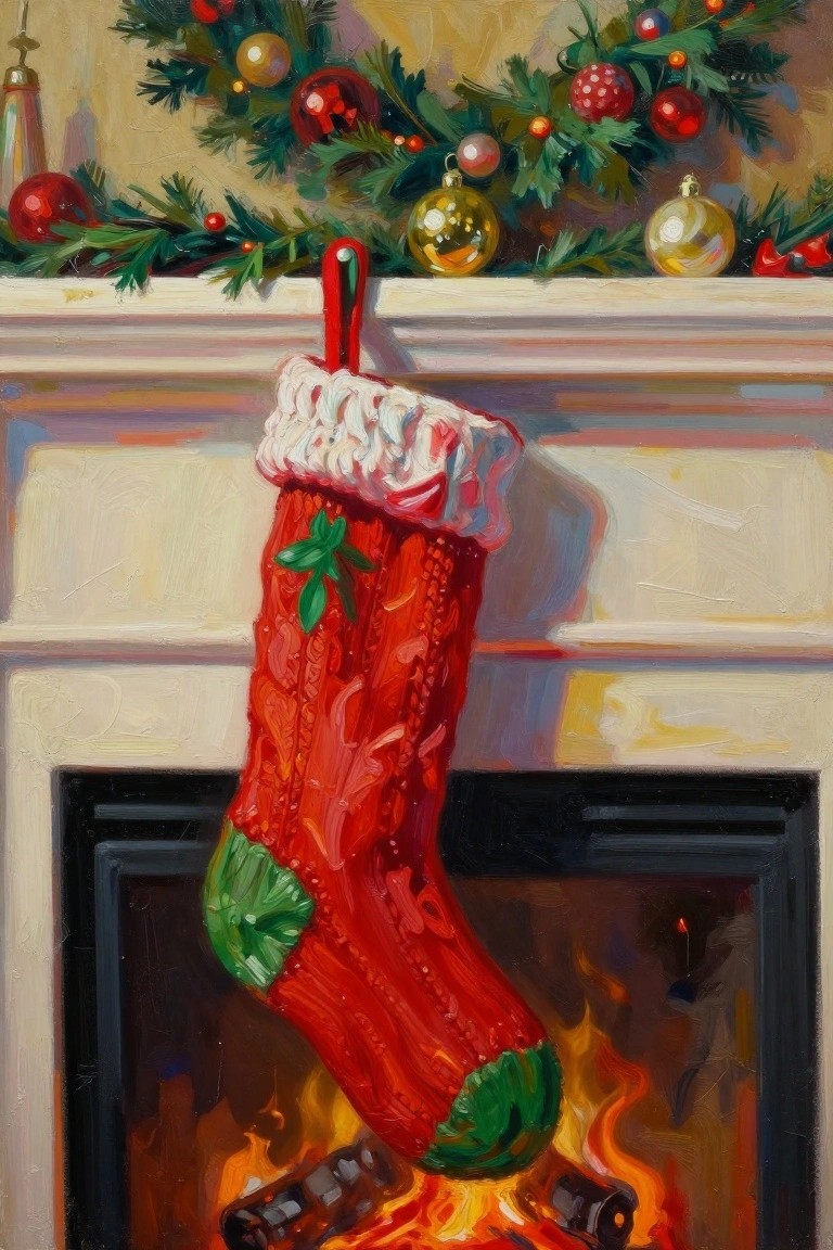 Red Christmas stocking hangs above fireplace with burning logs and festive wreath on mantel