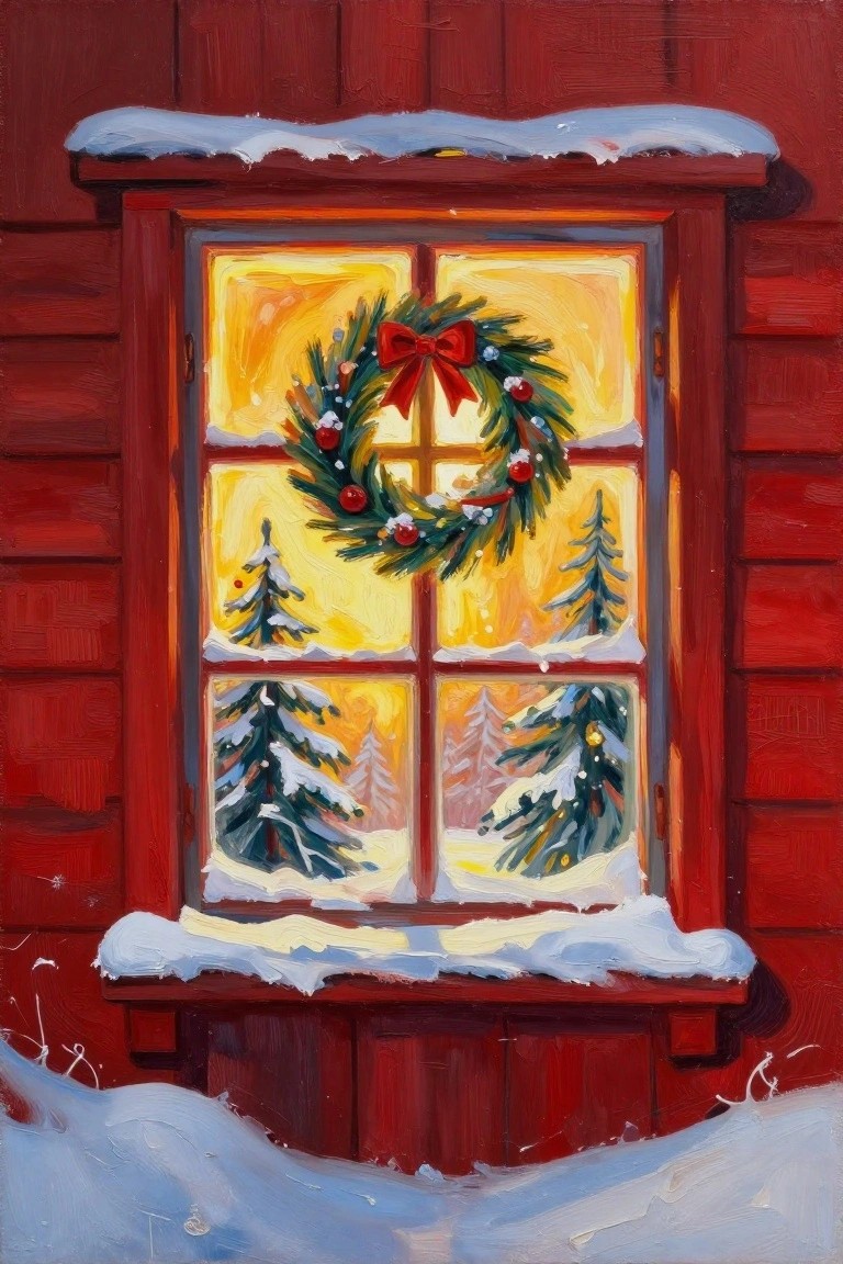 Red window with Christmas wreath on snowy sill overlooking glowing pine trees