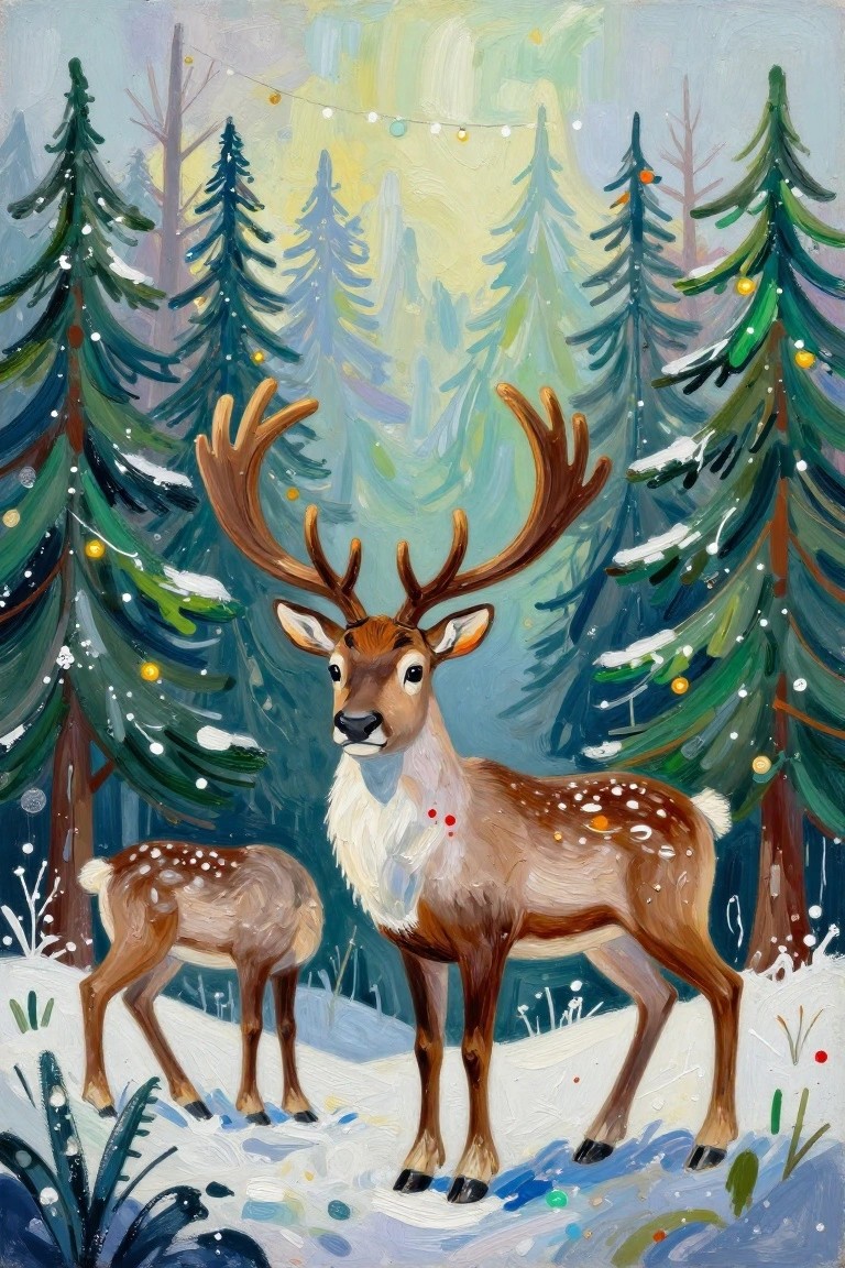 Adult reindeer and fawn in snowy forest with glowing string lights on trees