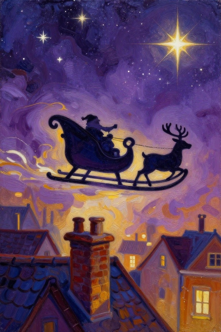 Silhouetted Santa in sleigh with reindeer flies over houses under starry purple sky