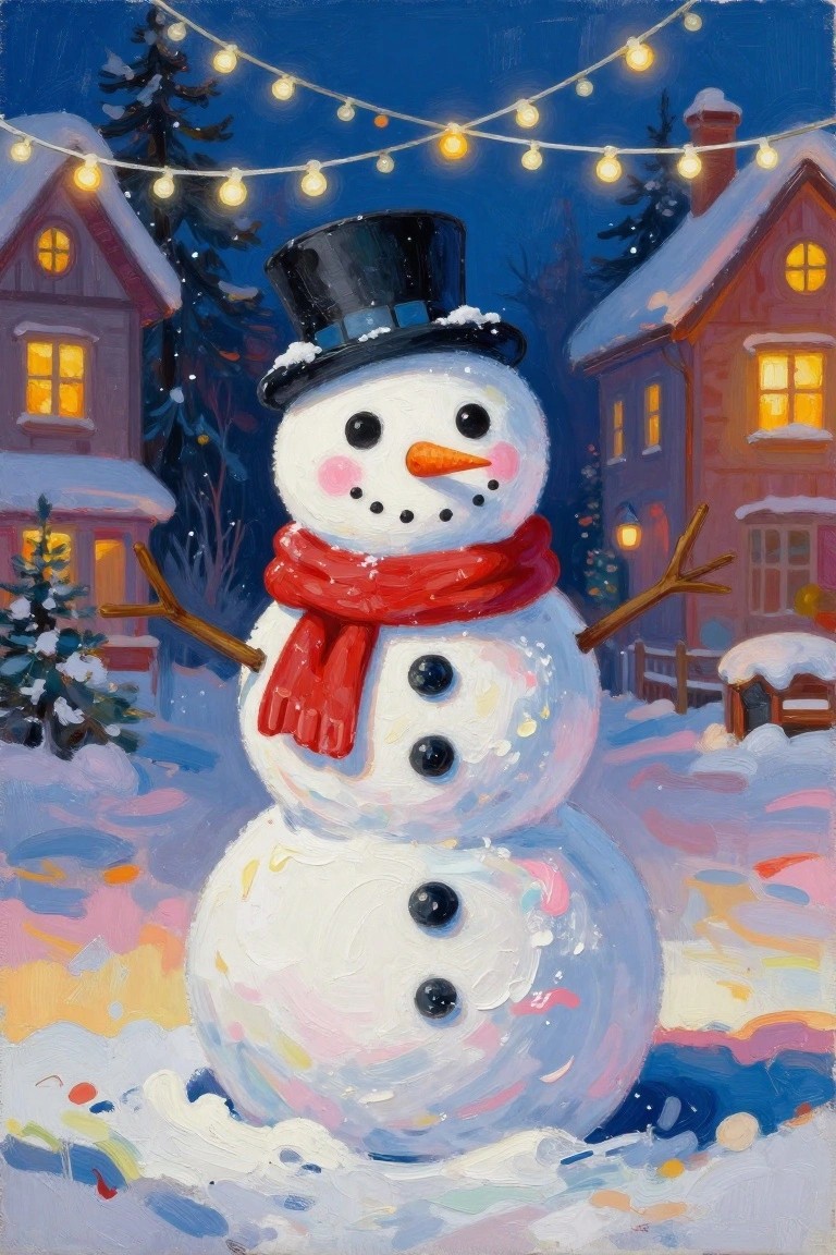 A painting of a snowman with a black top hat and red scarf standing in snow, with houses and string lights behind it.