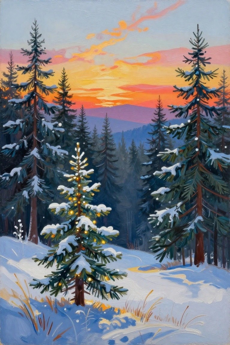 Snowy pine forest at sunset with a foreground tree lit by glowing lights.