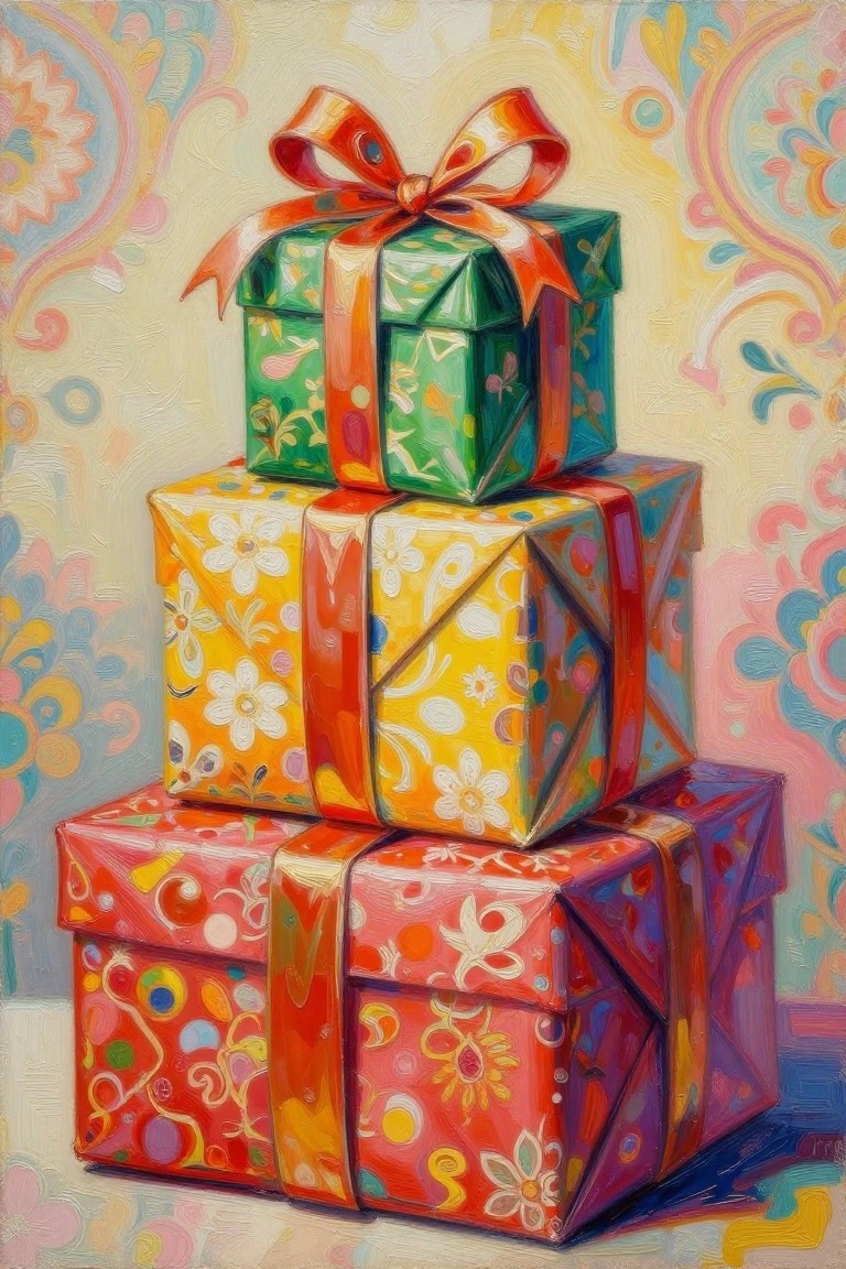 Stacked colorful gift boxes with vibrant ribbons on patterned background.