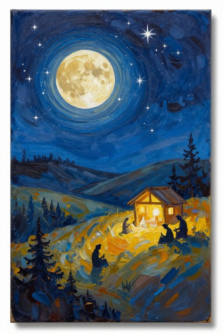 Expressive painting of nativity under glowing moon with silhouetted figures and pine trees