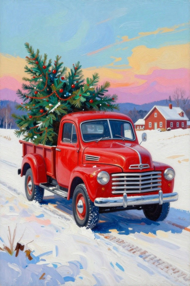 Red vintage truck hauling decorated Christmas tree on snowy road at sunset.