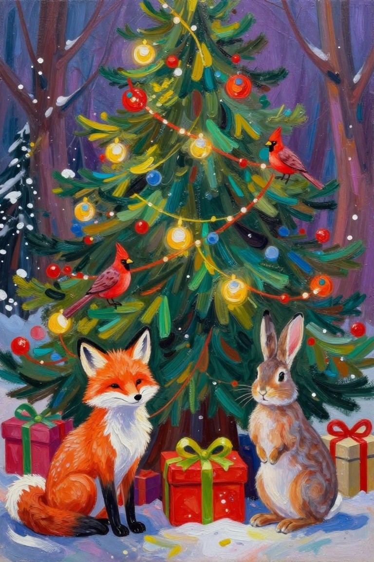 Vibrant painting of fox and rabbit by glowing Christmas tree with gifts and birds.