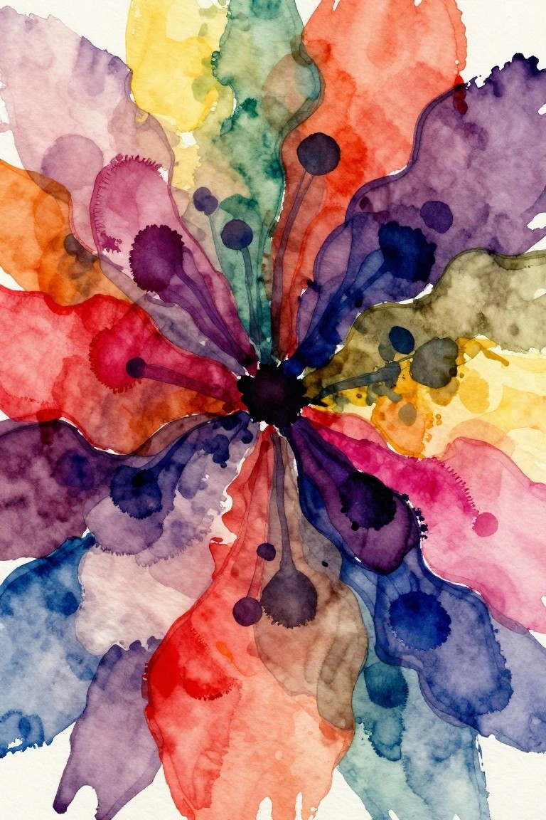 A vibrant abstract watercolor painting of a flower with multicolored petals radiating from a black center.