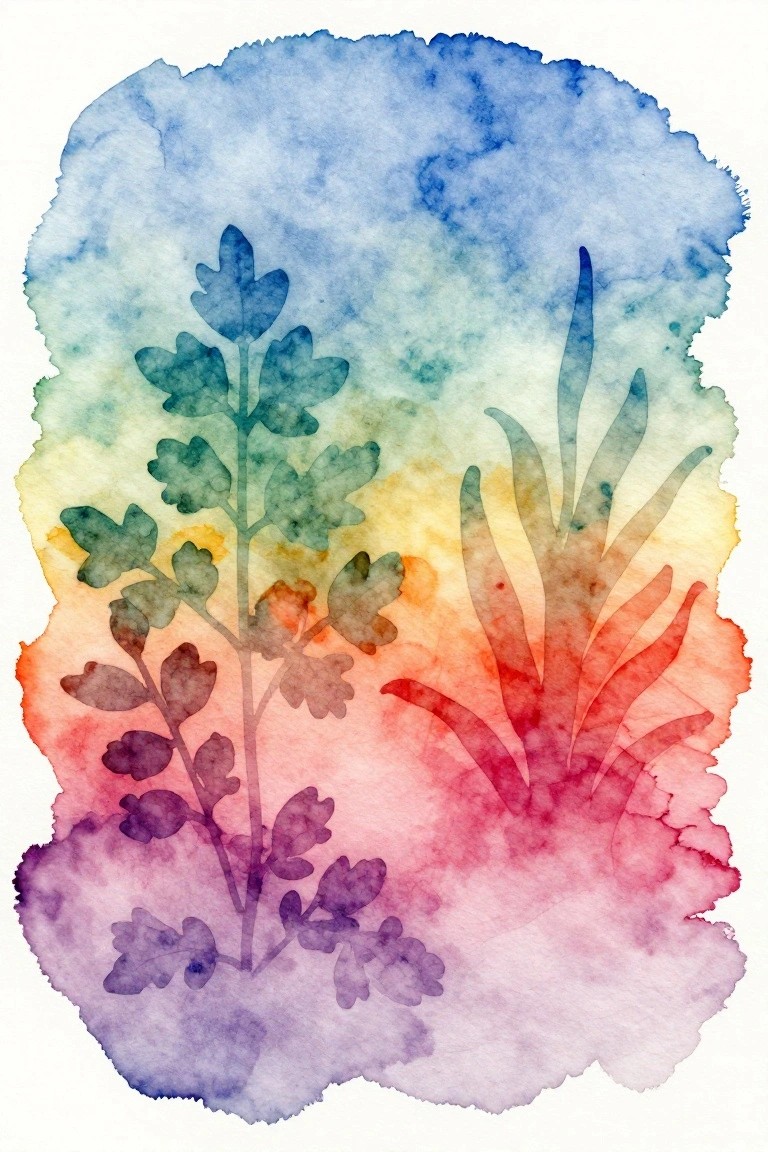 Watercolor silhouettes of two plants on a colorful blue-to-purple gradient background