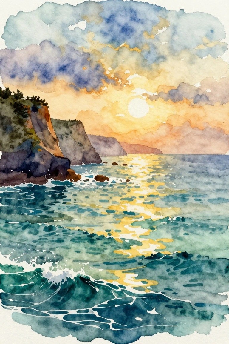 Watercolor sunset over ocean waves with golden reflections, rocky cliffs, and vibrant clouds