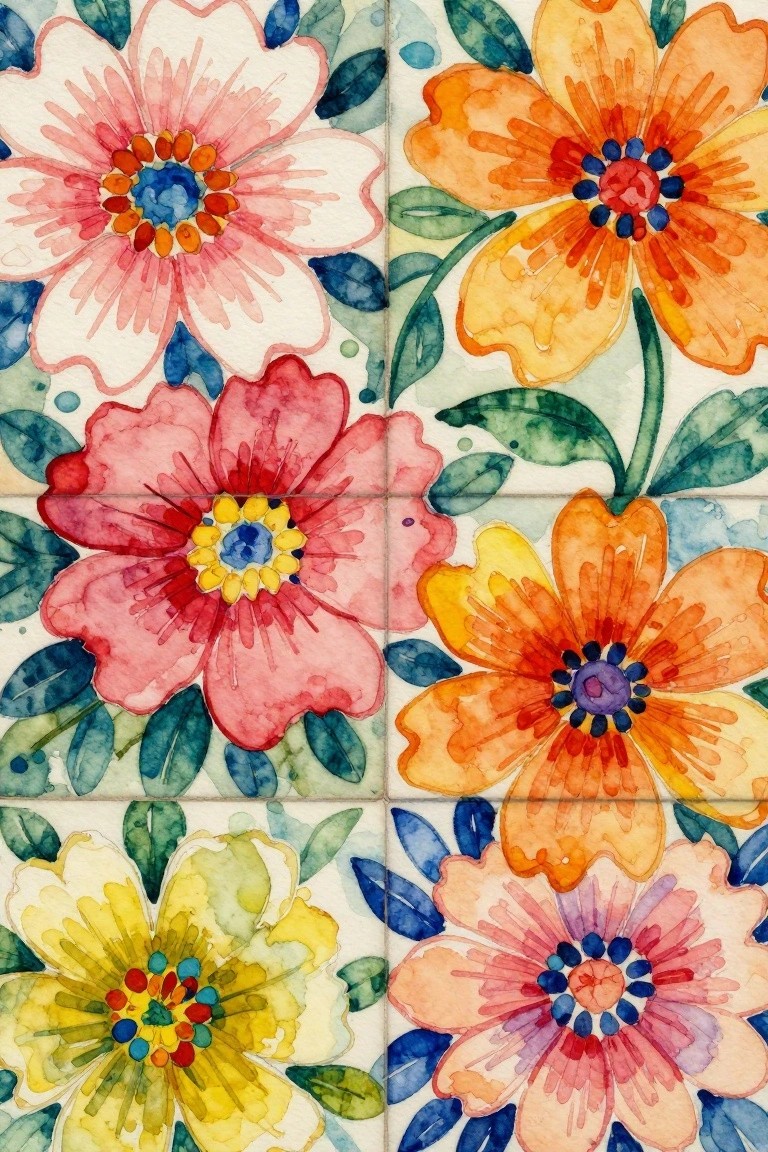 Vibrant watercolor floral tiles with pink, orange, yellow flowers and green leaves.