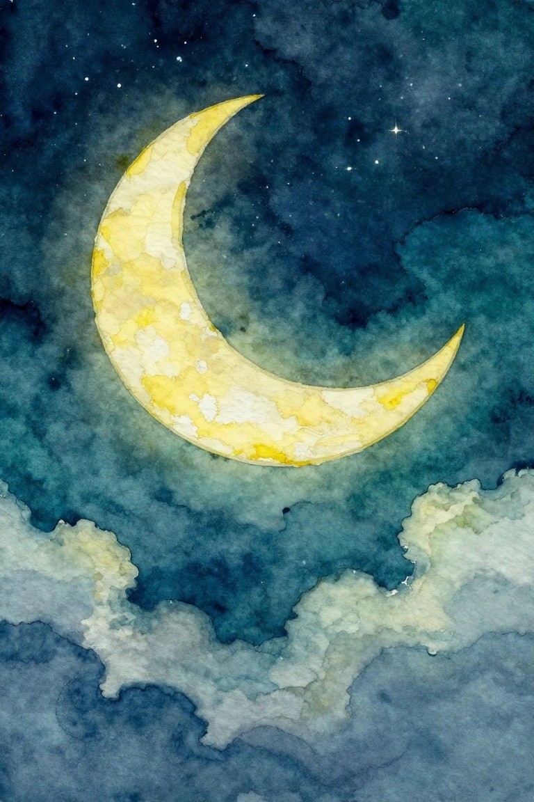 Watercolor yellow crescent moon in starry dark blue sky with clouds