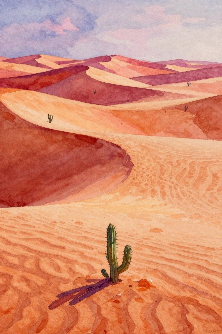 Layered orange and purple sand dunes with scattered cacti in watercolor style.