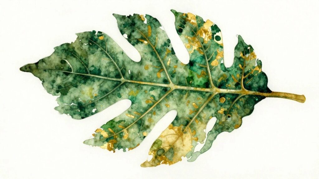 Watercolor green monstera leaf with gold veins, edges, and natural holes