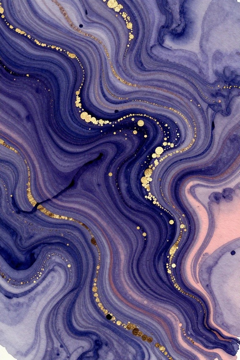 Swirling abstract waves in navy blue and purple with gold accents