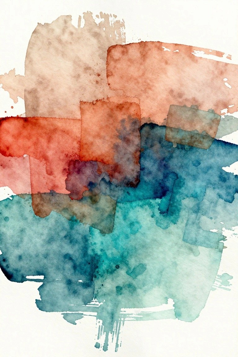 Abstract watercolor with overlapping translucent washes of blue, red, and earth tones