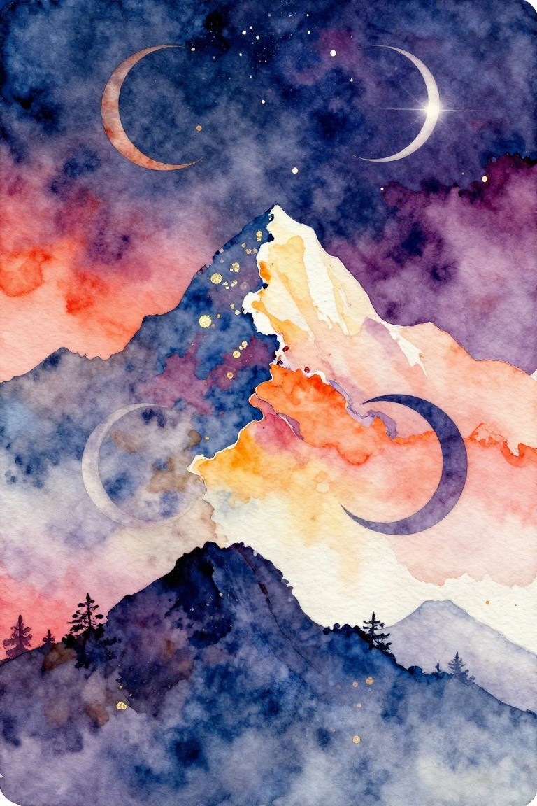 Watercolor mountains beneath a starry sky with multiple colorful crescent moons and clouds