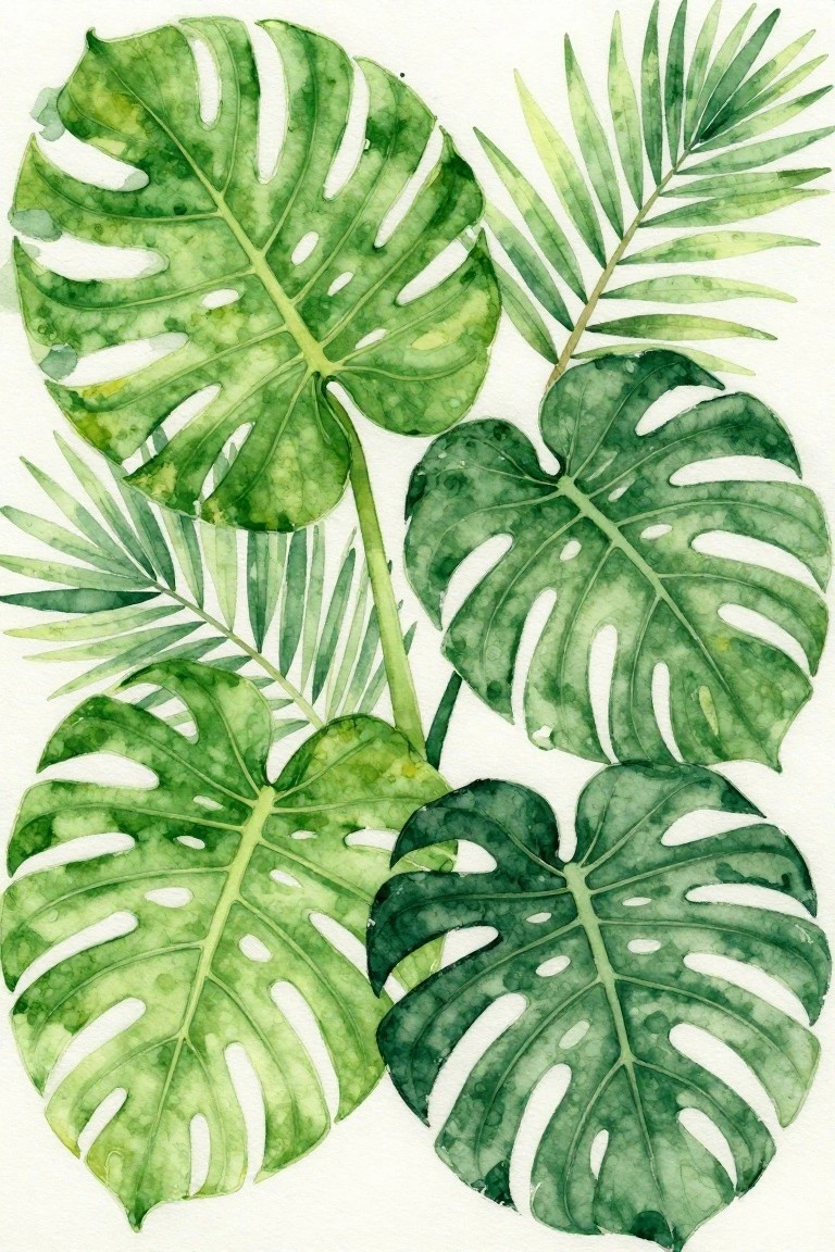Watercolor painting of green monstera and palm leaves on white background