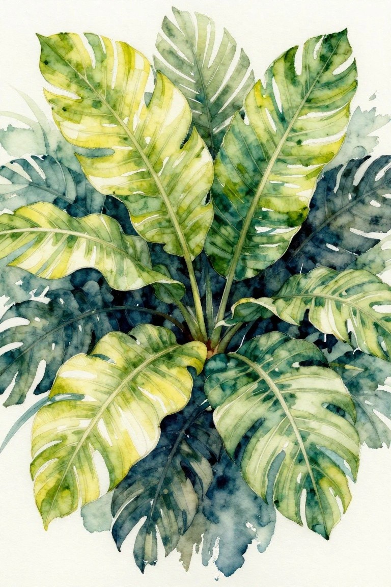 Watercolor monstera leaves in shades of green, yellow, and blue.
