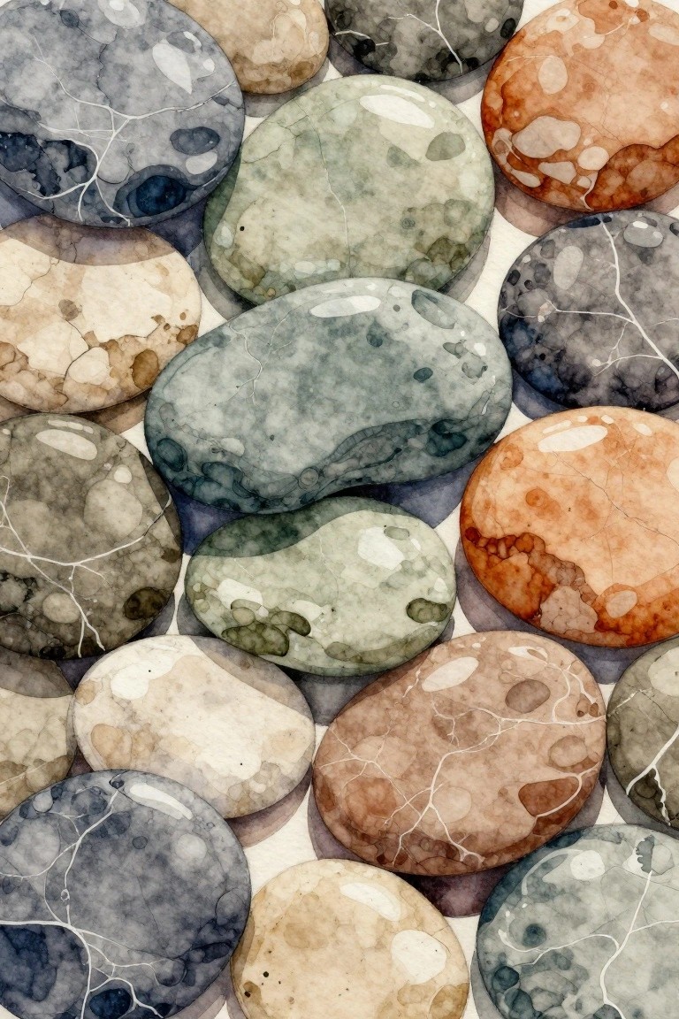 A collection of overlapping smooth pebbles painted with marbled watercolor patterns in muted blue, green, brown, and gray tones on a white background.