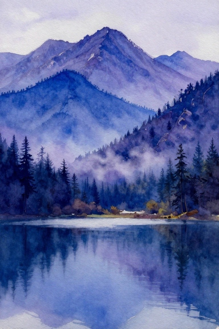 Watercolor of misty purple mountains and pine trees reflected in a calm lake.