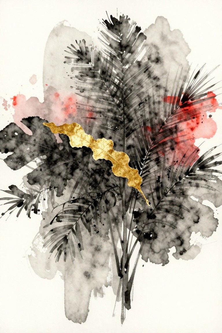Abstract black palm fronds with gold foil leaf, red and gray watercolor splashes.