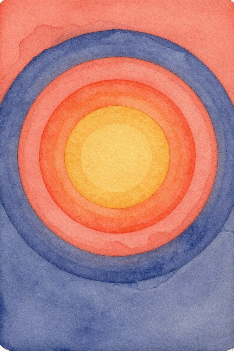 A watercolor painting of concentric circles in shades of blue, pink, orange, and yellow.
