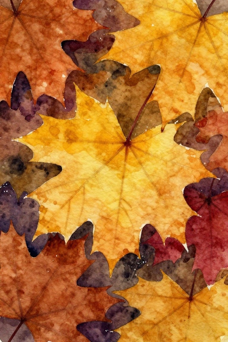 Overlapping autumn maple leaves in vibrant watercolor yellows, oranges, reds, and purples.