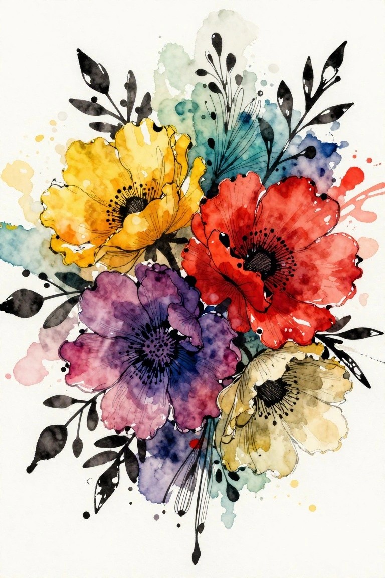 Vibrant watercolor bouquet of yellow, red, purple and cream flowers with dark leaves