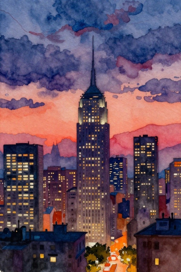 A watercolor cityscape shows a tall central skyscraper with lit windows at dusk, shorter buildings around it, and a sky blending orange, pink, and purple clouds.