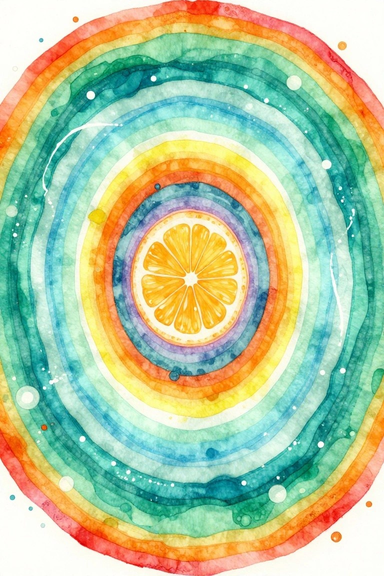 Watercolor rainbow concentric circles with central lemon slice and scattered bubbles
