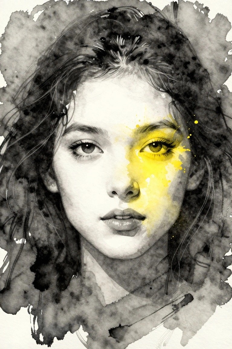 Watercolor portrait of a woman with one side in grayscale and yellow splatters on the other.